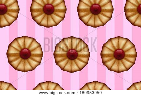 Buttery cookies with red jam on striped sweet pink color seamless background.