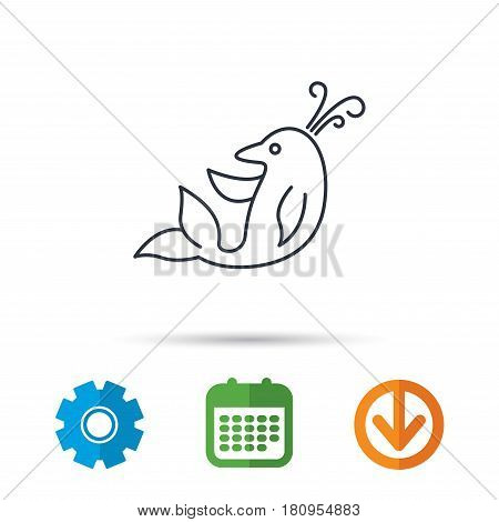 Dolphin icon. Cetacean mammal sign. Delphinidae with fountain symbol. Calendar, cogwheel and download arrow signs. Colored flat web icons. Vector