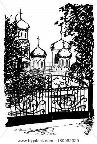 Monochrome black and white church street sketched art vector