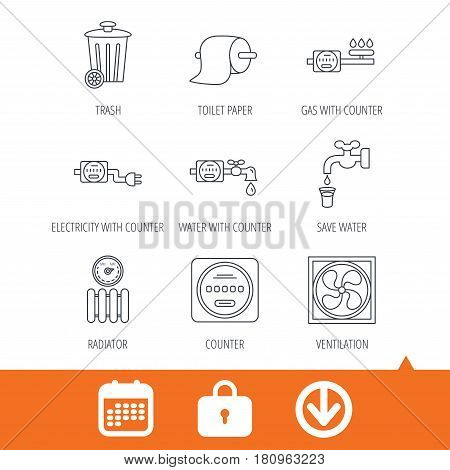 Ventilation, radiator and water counter icons. Toiler paper, gas and electricity counters linear signs. Trash icon. Download arrow, locker and calendar web icons. Vector
