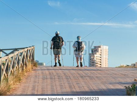 Nordic Walking - elderly woman and man is hiking