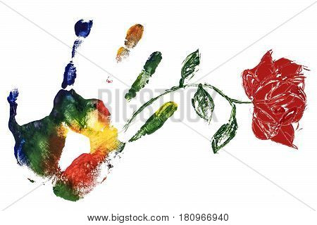 Colorful gouache print hand with red rose on white background. Symbolic pattern.
