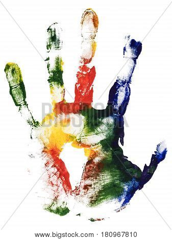 Colorful left hand print. Gouache painting isolated
