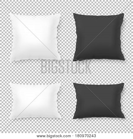 Vector realistic blank white, black square and rectangular pillow or cushion icon set isolated on transparent background. Design template, EPS10 illustration.