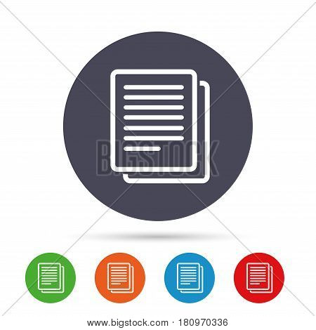 Copy file sign icon. Duplicate document symbol. Round colourful buttons with flat icons. Vector