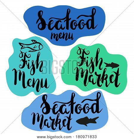 Lettering fish menu, seafood menu, hand drawn with brush pen, inc. Vector. Logo. Could be used for fish restaurant, market.