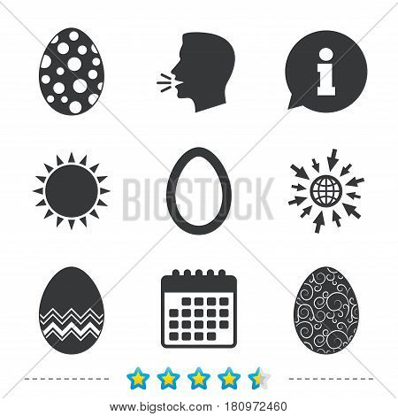 Easter eggs icons. Circles and floral patterns symbols. Tradition Pasch signs. Information, go to web and calendar icons. Sun and loud speak symbol. Vector