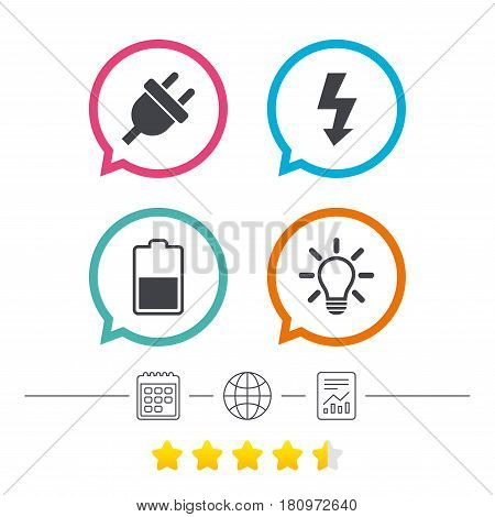 Electric plug icon. Light lamp and battery half symbols. Low electricity and idea signs. Calendar, internet globe and report linear icons. Star vote ranking. Vector