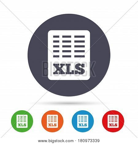 Excel file document icon. Download xls button. XLS file symbol. Round colourful buttons with flat icons. Vector