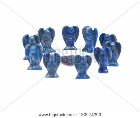 Amethyst heart surrounded by lapis lazuli angels isolated on white background