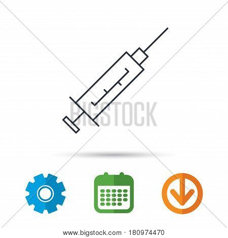 Syringe icon. Injection or vaccine instrument sign. Laboratory analyze symbol. Calendar, cogwheel and download arrow signs. Colored flat web icons. Vector