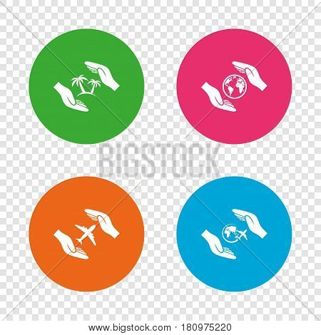 Hands insurance icons. Palm trees symbol. Travel trip flight insurance symbol. World globe sign. Round buttons on transparent background. Vector