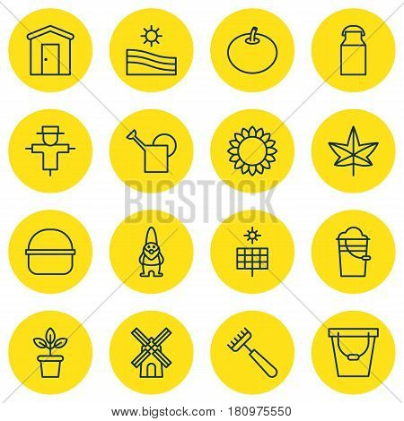 Set Of 16 Garden Icons. Includes Package, Jug, Flowerpot And Other Symbols. Beautiful Design Elements.