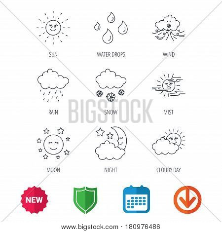 Weather, sun and rain icons. Moon night, clouds and mist linear signs. Wind, cloudy day and water drops flat line icons. New tag, shield and calendar web icons. Download arrow. Vector