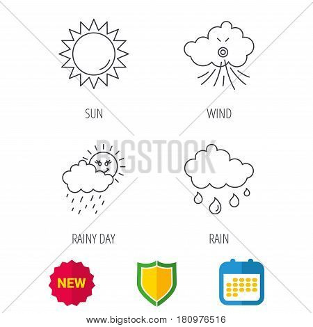 Weather, sun and wind icons. Rainy day linear sign. Shield protection, calendar and new tag web icons. Vector