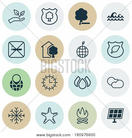 Set Of 16 Eco Icons. Includes House, Sun Power, Sun Clock And Other Symbols. Beautiful Design Elements.