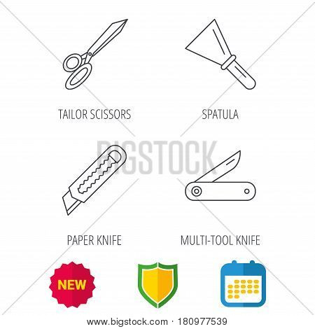 Paper knife, spatula and scissors icons. Multi-tool knife linear sign. Shield protection, calendar and new tag web icons. Vector