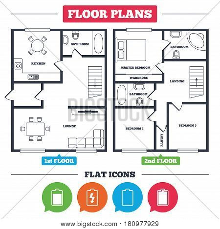 Architecture plan with furniture. House floor plan. Battery charging icons. Electricity signs symbols. Charge levels: full, empty. Kitchen, lounge and bathroom. Vector