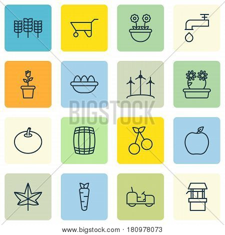 Set Of 16 Agriculture Icons. Includes Floweret, Wheelbarrow, Ovum And Other Symbols. Beautiful Design Elements.