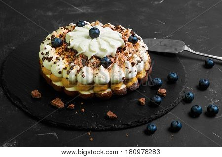 Chocolate-berry Savoyardi Ice-cream cake torte. Ingredients for blueberry ice cream cake torte and chocolate pieces. Dark black background.