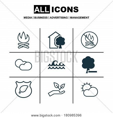Set Of 9 Eco Icons. Includes House, Cloud Cumulus, Fire Banned And Other Symbols. Beautiful Design Elements.
