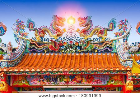 Chinese temple roof china ancient shrine colorful architecture with chinese language is name of construction donor.