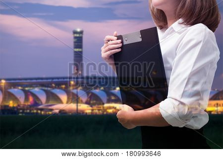 Multi Exposure. Young Business Woman In Airport Business