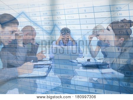 Digital composite of Stressfull business meeting with chart graphic overlay against blurry window