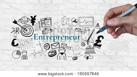 Digital composite of Hand writing Entrepeneur text with drawings graphics