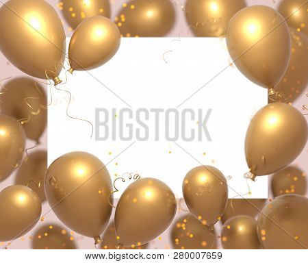 Party Banner With Goled Balloons On White Background And Place For Text. Happy Birthday Cards Design