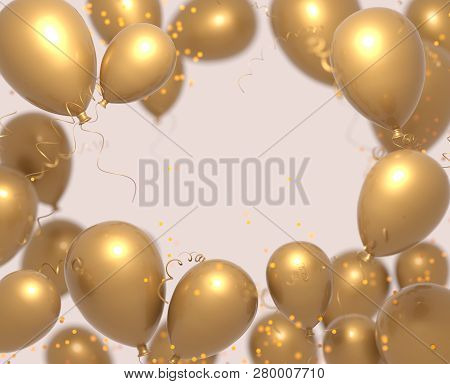 Party Banner With Goled Balloons On White Background And Place For Text. Happy Birthday Cards Design