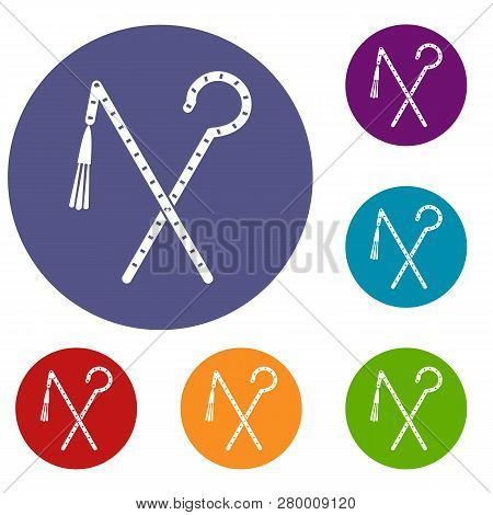 Rod And Whip Of Pharaoh Icons Set In Flat Circle Red, Blue And Green Color For Web