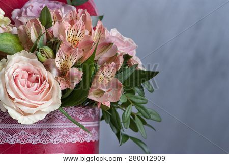 Bouqet Of Flowers In Redt Box. Nice Celebration Present. Selective Focus, Close Up