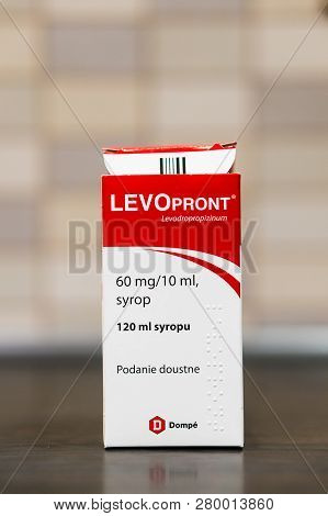 Poznan, Poland - January 19, 2019: Dompe Levopront Coughing Syrup In A Opened Box On A Wooden Table.