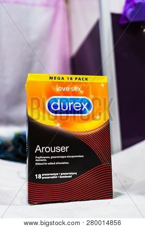 Poznan, Poland - December 19, 2018: Durex Arouser Condoms In A Box In A Bathroom.