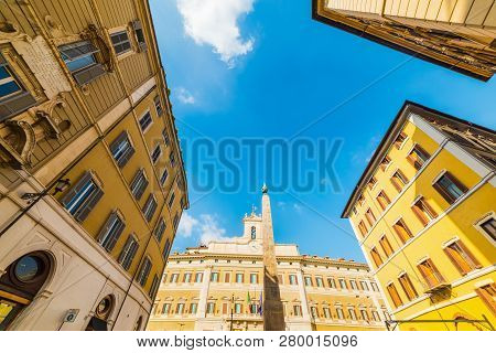 Historic Buildings In Montecitorio Square In Rome. Italian Parliament Seat