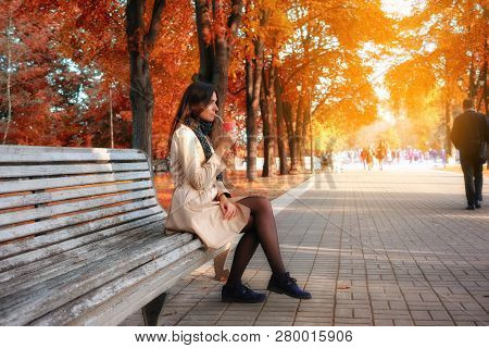 Beautiful Girl Grinking Coffee On The Bench At City Autumn Park
