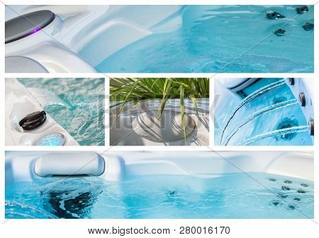 Collage Of Water And Equpment In Hot Bath Tubs At Spa