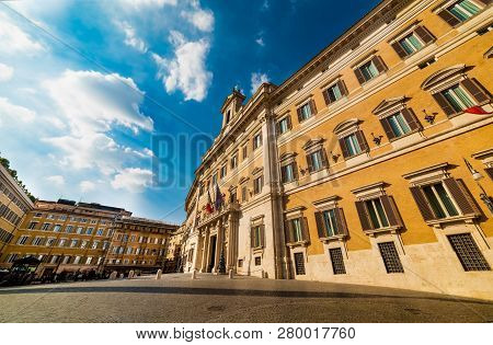 Montecitorio Square On A Cloudy Day In Rome, Italy. Seat Of The Italian Parliament
