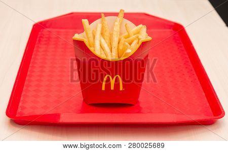 Moscow, Russia, March 15 2018: McDonald's, French Fries at red tray
