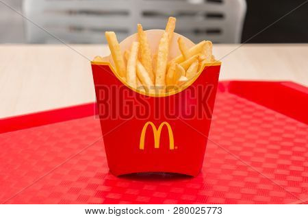 Moscow, Russia, March 15 2018: McDonald's, French Fries at red tray