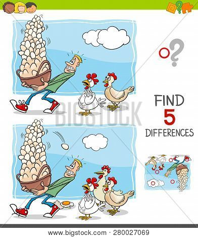 Cartoon Illustration Of Finding Five Differences Between Pictures Educational Game For Children With
