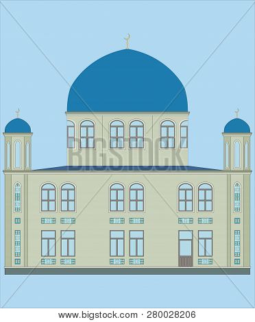 Islamic Vector Mosque With A Blue Dome. Double Decker. Many Windows. Soft Area. In The Moon Of Moon