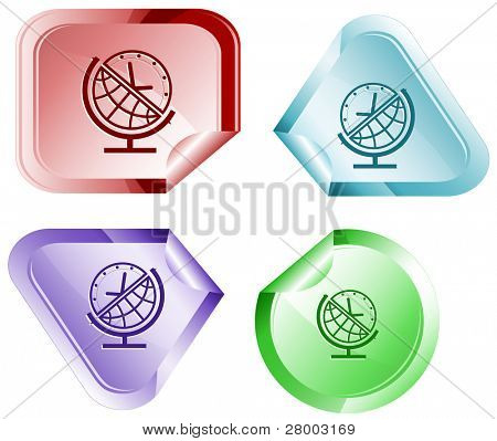 Globe et horloge. Autocollant de vecteur.