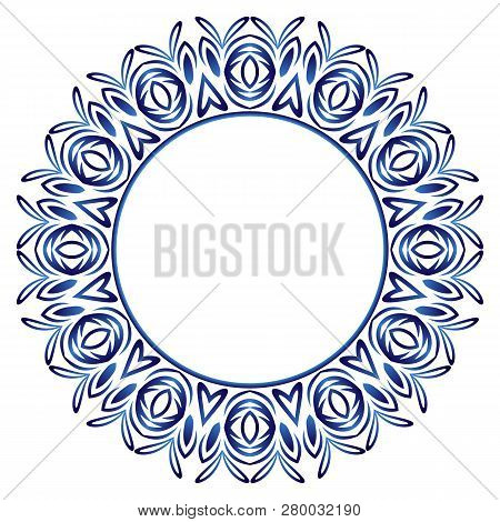 Ceramic Tile Pattern. Decorative Round Ornament. White Background With Art Frame. Islamic, Indian, A