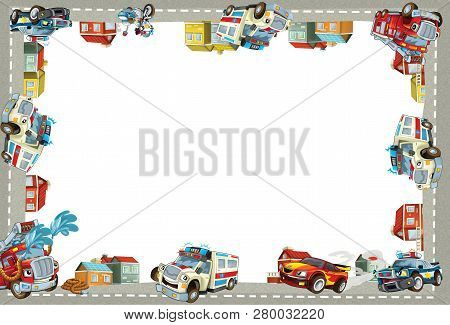 Cartoon Scene With Ambulance Police And Fire Brigade In The City - Border Title Page With White Back
