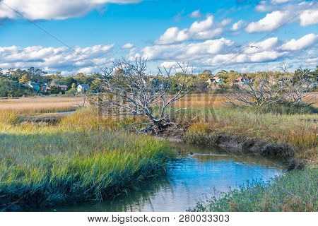 A View Of The Saltwater, Wetland Marsh Near The Coast Of St Simons, Georgia