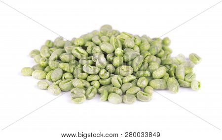 Green Coffee Beans, Isolated On White Background. Medium Green Peaberry Coffee Beans.