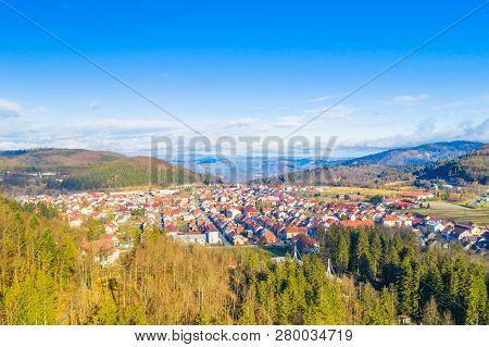 Croatia, Mountain Landscape, Town Of Delnice In Gorski Kotar, Panoramic View Of Town Center From Dro