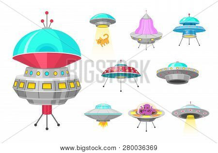 Alien Spaceships, Set Of Ufo Unidentified Flying Object, Fantastic Rockets, Cosmic Spacecrafts In Un